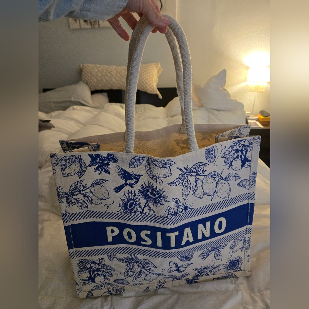 Positano Italy  Blue and White Floral Tote Bag